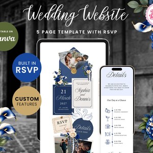 Cobalt Blue & Ivory Wedding Website with RSVP Function: Editable Canva Template (Digital Download)