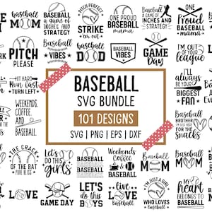 May include: A digital collection of 101 black and white baseball-themed graphic designs featuring various typography and illustrations of baseballs, bats, and gloves. The central text reads BASEBALL SVG BUNDLE 101 DESIGNS SVG PNG EPS DXF.