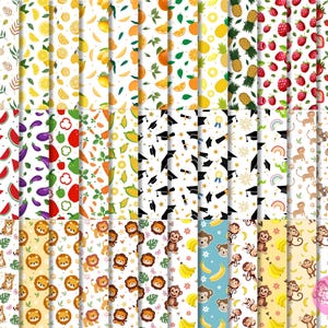 May include: A selection of patterned digital papers with diverse designs. Patterns include fruits such as oranges, lemons, strawberries, and pineapples, alongside vegetables, graduation caps, and animal prints. The papers are colourful and suitable for crafts.