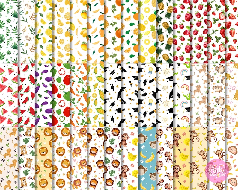 May include: A selection of patterned digital papers with diverse designs. Patterns include fruits such as oranges, lemons, strawberries, and pineapples, alongside vegetables, graduation caps, and animal prints. The papers are colourful and suitable for crafts.