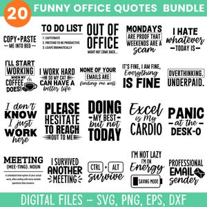 Op de afbeelding: Een digitaal pakket van 20 zwart-wit grafische ontwerpen met humoristische kantoorcitaten. De tekst bevat zinnen zoals Copy+Paste Me Into Bed, To Do List, Out Of Office, Mondays Are Proof That Weekends Are A Scam en Excel Is My Cardio.