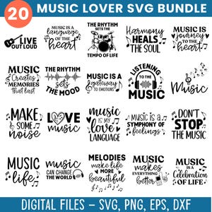 Op de afbeelding: Een verzameling van 20 muziek-thema SVG-ontwerpen in zwart en wit. De ontwerpen bevatten muzieknoten, instrumenten en zinnen als "Muziek is een reis naar het hart" en "Muziek is leven".