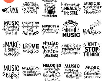 May include: A collection of 20 music-themed SVG designs in black and white. The designs include musical notes, instruments, and phrases like "Music is a journey to the heart" and "Don't stop the music."