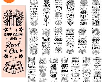 May include: A collection of 20 bookmark SVG designs with book-themed quotes and illustrations. The designs include phrases like "Keep Calm and Read On," "Love Books Forever," and "Fuel for the Soul." The digital files are available in SVG, PNG, EPS, and DXF formats.