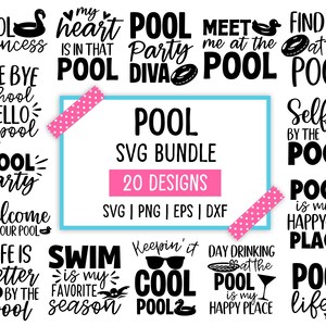May include: A digital collection of 20 black text-based designs featuring pool-themed phrases and icons like floats and sunglasses. The central rectangular graphic displays the text POOL SVG BUNDLE 20 DESIGNS SVG PNG EPS DXF, accented by two diagonal pink polka-dot strips.