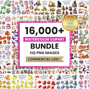 Può includere: Una collezione di bundle di clipart ad acquerello, tra cui piante, torte di compleanno, unicorni, ciliegie, arance, limoni, mele, mirtilli e bambine. L'immagine presenta il testo "16.000+ WATERCOLOR CLIPART BUNDLE HQ PNG IMAGES COMMERCIAL USE!"