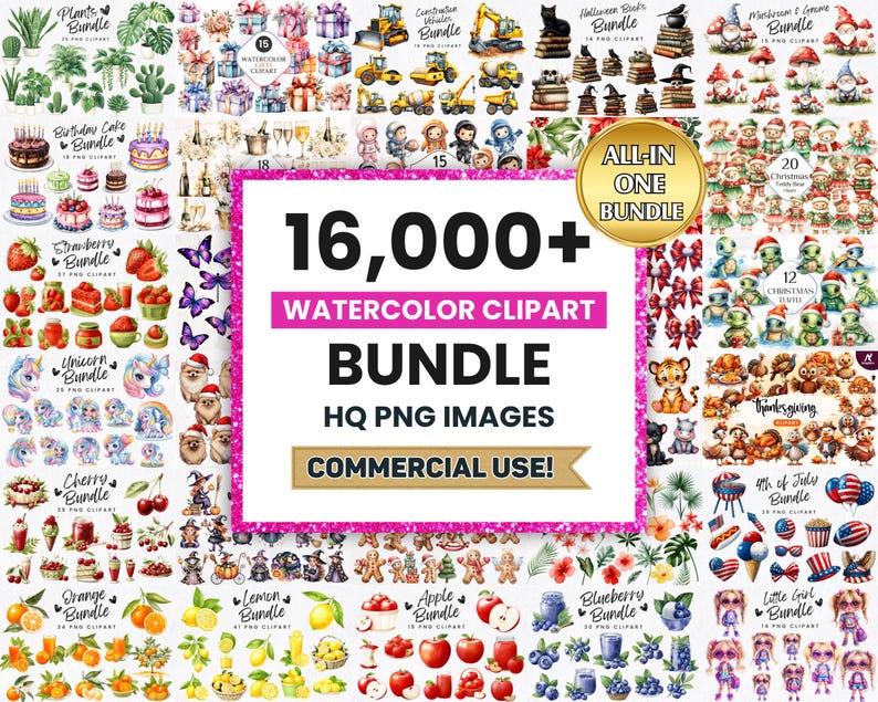Pode incluir: Uma cole&ccedil;&atilde;o de pacotes de cliparts em aquarela, incluindo plantas, bolos de anivers&aacute;rio, unic&oacute;rnios, cerejas, laranjas, lim&otilde;es, ma&ccedil;&atilde;s, mirtilos e meninas. A imagem apresenta o texto "16,000+ WATERCOLOR CLIPART BUNDLE HQ PNG IMAGES COMMERCIAL USE!"