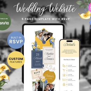 Butter Yellow & Cornflower Blue Wedding Website with RSVP Function: Editable Canva Template (Digital Download)