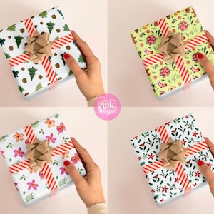 May include: Four wrapped gifts with different patterned paper and ribbon. The gifts are held by hands. The patterns include Christmas trees, flowers, and holly. Each gift has a brown bow and red and white striped ribbon.