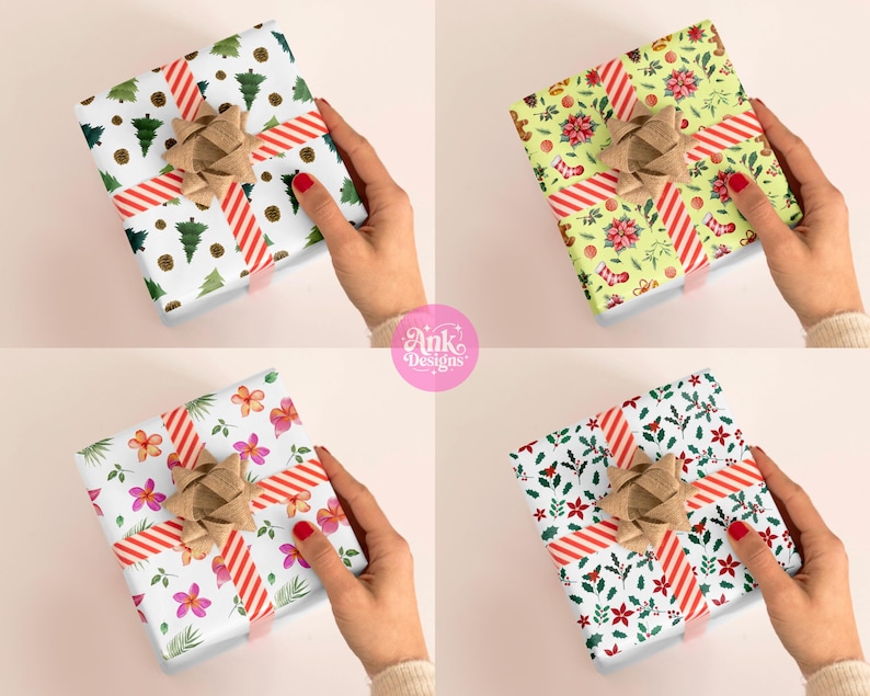 May include: Four wrapped gifts with different patterned paper and ribbon. The gifts are held by hands. The patterns include Christmas trees, flowers, and holly. Each gift has a brown bow and red and white striped ribbon.