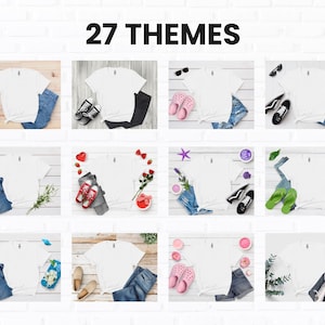 K&ouml;nnte beinhalten: Eine Sammlung wei&szlig;er T-Shirts, die mit verschiedenen Accessoires wie Schuhen, Sonnenbrillen und Jeans kombiniert werden. Der Text "27 THEMES" ist oben zu sehen, was auf eine Vielzahl von Designoptionen oder Themen f&uuml;r die Shirts hindeutet.