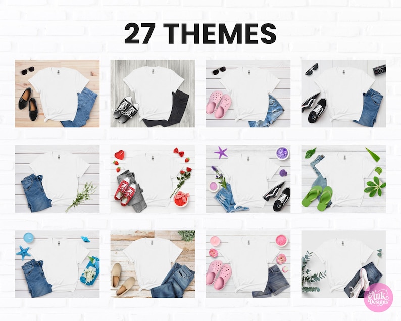 K&ouml;nnte beinhalten: Eine Sammlung wei&szlig;er T-Shirts, die mit verschiedenen Accessoires wie Schuhen, Sonnenbrillen und Jeans kombiniert werden. Der Text "27 THEMES" ist oben zu sehen, was auf eine Vielzahl von Designoptionen oder Themen f&uuml;r die Shirts hindeutet.