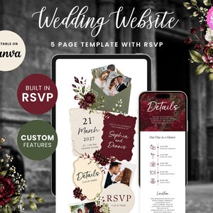 Burgundy Peony Wedding Website with RSVP Function: Editable Canva Template (Digital Download)