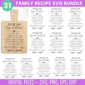 Puede incluir: Un paquete SVG digital con 31 diseños de recetas familiares. Cada diseño incluye una receta para un miembro especial de la familia, como Mamá, Papá o Abuela, con ingredientes como amor, abrazos y paciencia. Los diseños están en una tabla de cortar de madera.