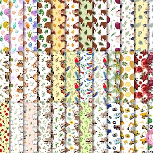 May include: A selection of patterned papers with diverse designs. The patterns include colourful sea creatures, owls, parrots, roses, sloths, and construction vehicles. The papers have a white background and are suitable for crafts and scrapbooking.