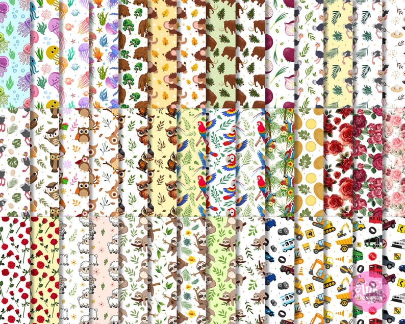 May include: A selection of patterned papers with diverse designs. The patterns include colourful sea creatures, owls, parrots, roses, sloths, and construction vehicles. The papers have a white background and are suitable for crafts and scrapbooking.