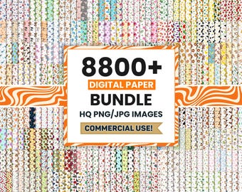 May include: A digital paper bundle with over 8800 HQ PNG/JPG images for commercial use. The image features a variety of colorful patterned papers, with a central orange and white graphic. The text on the graphic reads "8800+ DIGITAL PAPER BUNDLE HQ PNG/JPG IMAGES COMMERCIAL USE!"
