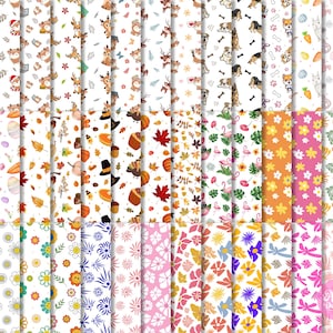 May include: A selection of patterned digital papers with diverse designs. Patterns include deer, dogs, flowers, leaves, and seasonal motifs such as pumpkins and Easter eggs. The papers are in various colours, including white, orange, pink, and blue.