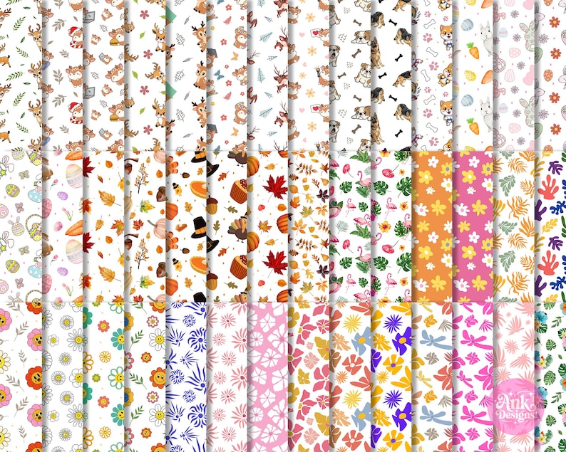 May include: A selection of patterned digital papers with diverse designs. Patterns include deer, dogs, flowers, leaves, and seasonal motifs such as pumpkins and Easter eggs. The papers are in various colours, including white, orange, pink, and blue.