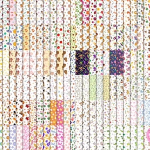 May include: A collection of various patterned papers with repeating designs. The patterns include illustrations of avocados, bananas, bears, flowers, and other whimsical elements. The papers are in a variety of colors, including green, yellow, pink, and purple.