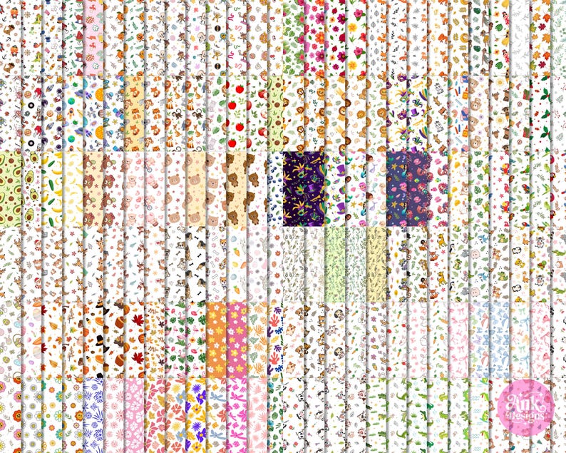 May include: A collection of various patterned papers with repeating designs. The patterns include illustrations of avocados, bananas, bears, flowers, and other whimsical elements. The papers are in a variety of colors, including green, yellow, pink, and purple.