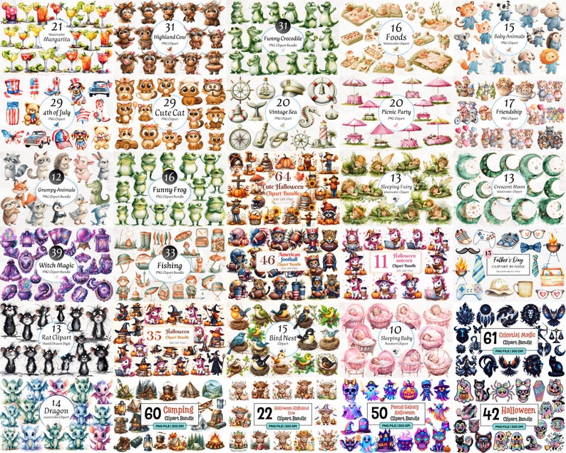 Pode incluir: Uma cole&ccedil;&atilde;o de imagens de clip art em aquarela com v&aacute;rios temas. Inclui imagens de animais, alimentos, itens tem&aacute;ticos de feriados e elementos decorativos. Perfeito para projetos de arte digital e artesanato.