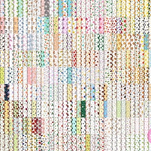 May include: A collection of patterned papers with various designs, including fruits, flowers, animals, and abstract shapes. The papers feature a white background with colorful illustrations. The image showcases a variety of patterns suitable for crafts and design projects.
