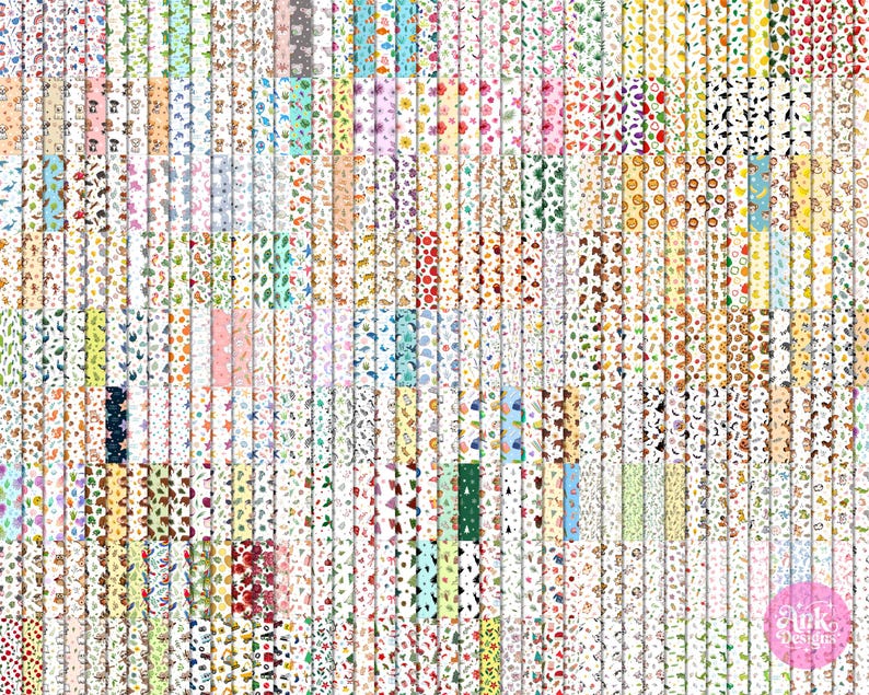 May include: A collection of patterned papers with various designs, including fruits, flowers, animals, and abstract shapes. The papers feature a white background with colorful illustrations. The image showcases a variety of patterns suitable for crafts and design projects.