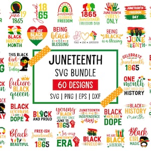 May include: A collection of 60 Juneteenth SVG designs in various styles. The designs include phrases like "Black Lives Matter," "Black History Month," and "Juneteenth Freedom Day." The color palette includes black, red, yellow, and green.