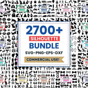 May include: A digital art bundle with over 2700 silhouette designs. The collection includes various themes such as animals, plants, vehicles, yoga poses, musical instruments, and more. The image includes the text "COMMERCIAL USE!"