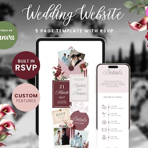 Burgundy & Blush Romance Wedding Website with RSVP Function: Editable Canva Template (Digital Download)