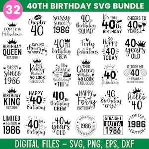 Può includere: Una collezione di 32 file SVG digitali con design a tema 40° compleanno. I design includono frasi come "Forty & Fabulous", "Sassy Since 1986" e "Happy 40th Birthday". I file sono disponibili nei formati SVG, PNG, EPS e DXF.
