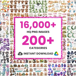 Pode incluir: Uma cole&ccedil;&atilde;o de imagens de clip art digitais, incluindo ilustra&ccedil;&otilde;es de alimentos, animais e gr&aacute;ficos tem&aacute;ticos de feriados. A imagem apresenta o texto "16.000+ HQ PNG IMAGENS, 200+ CATEGORIAS, DOWNLOAD INSTANT&Acirc;NEO" em um design rosa e branco.