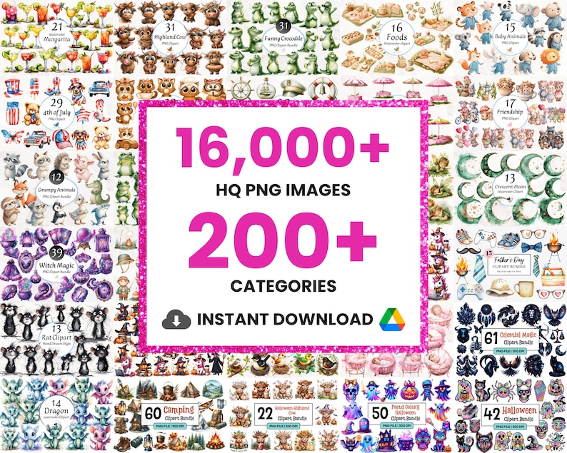 Pode incluir: Uma cole&ccedil;&atilde;o de imagens de clip art digitais, incluindo ilustra&ccedil;&otilde;es de alimentos, animais e gr&aacute;ficos tem&aacute;ticos de feriados. A imagem apresenta o texto "16.000+ HQ PNG IMAGENS, 200+ CATEGORIAS, DOWNLOAD INSTANT&Acirc;NEO" em um design rosa e branco.
