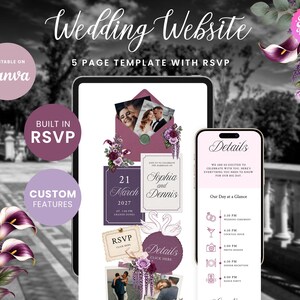 Lavender & Plum Vintage Wedding Website with RSVP Function: Editable Canva Template (Digital Download)