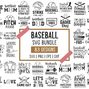 May include: A collection of 83 baseball-themed SVG designs in black and white. The designs include phrases like "Game On," "Baseball Mom," and "I'm Out of Your League." The bundle is available in SVG, PNG, EPS, and DXF formats.