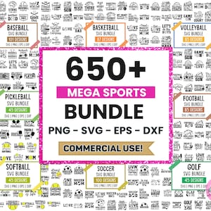Puede incluir: Una colección digital de más de 650 diseños gráficos con temática deportiva en formatos SVG, PNG, EPS y DXF. La imagen muestra varias categorías deportivas, incluyendo béisbol, baloncesto, voleibol, pickleball, fútbol americano, sóftbol y golf.