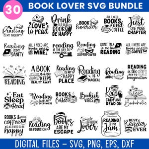 Puede incluir: Una colección de 30 diseños SVG en blanco y negro con citas sobre libros, incluyendo "Reading is my therapy", "Books are my escape" y "Book Lover". Los diseños son para archivos digitales.