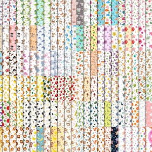May include: A collection of colorful patterned papers featuring various designs. The patterns include animals, fruits, flowers, and other whimsical illustrations. The papers are arranged in vertical rows, showcasing a variety of colors and styles, perfect for crafting and design projects.