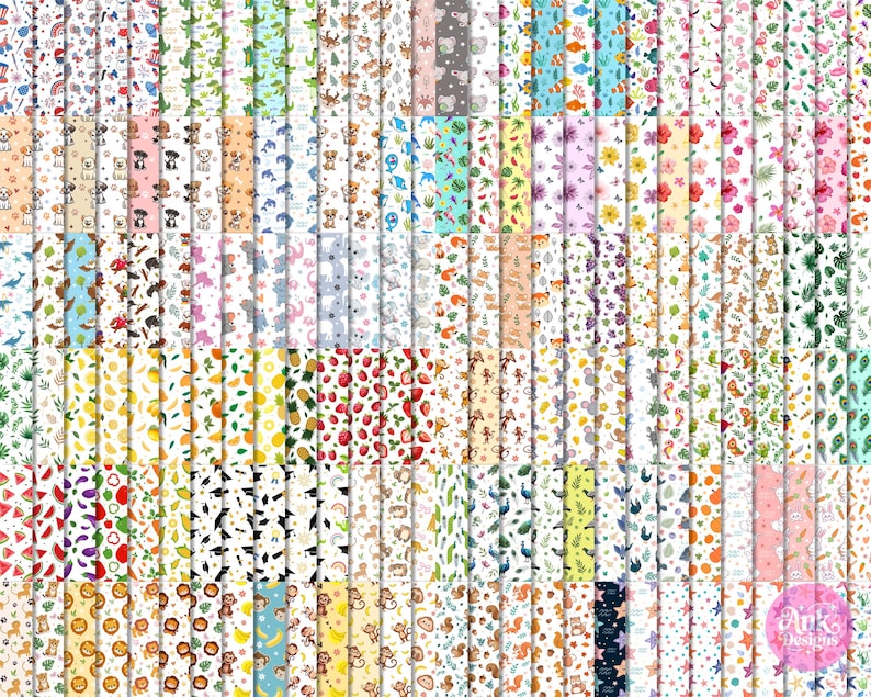 May include: A collection of colorful patterned papers featuring various designs. The patterns include animals, fruits, flowers, and other whimsical illustrations. The papers are arranged in vertical rows, showcasing a variety of colors and styles, perfect for crafting and design projects.