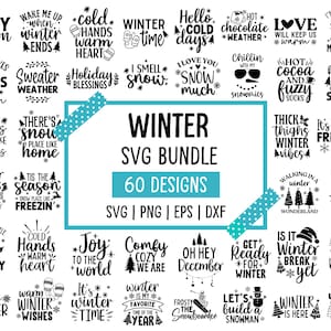 Op de afbeelding: Een digitale designbundel met 60 winterthema SVG-ontwerpen. De ontwerpen bevatten zinnen als "Hello Winter", "Winter Kisses" en "Let's build a snowman". De ontwerpen zijn in zwart en wit.