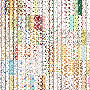 May include: A collection of patterned paper sheets with various designs. The patterns include floral, animal, and holiday themes. The papers are in a variety of colors, including red, green, and blue. The sheets are arranged in vertical rows.