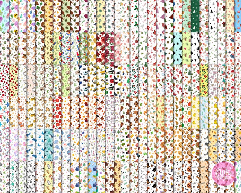 May include: A collection of patterned paper sheets with various designs. The patterns include floral, animal, and holiday themes. The papers are in a variety of colors, including red, green, and blue. The sheets are arranged in vertical rows.