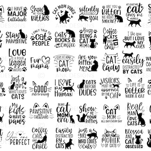以下が含まれることがあります： さまざまなフレーズとイラストが描かれた、黒い猫をテーマにしたデザインのコレクションです。「Cat Life」、「I Love Cats」、「Crazy Cat Lady」などのテキストや、猫のシルエット、足跡などが含まれています。全体的なテーマは猫を中心に展開されています。