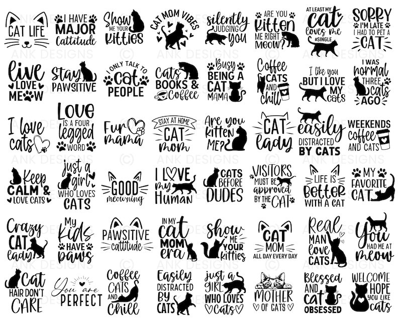 以下が含まれることがあります： さまざまなフレーズとイラストが描かれた、黒い猫をテーマにしたデザインのコレクションです。「Cat Life」、「I Love Cats」、「Crazy Cat Lady」などのテキストや、猫のシルエット、足跡などが含まれています。全体的なテーマは猫を中心に展開されています。