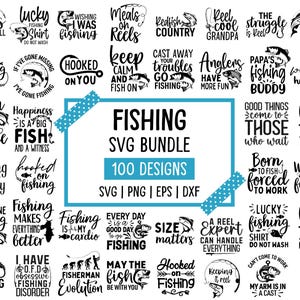 Puede incluir: Un conjunto de 100 diseños SVG con temática de pesca. Los diseños incluyen frases como "Reel Cool Grandpa", "Hooked on Fishing" y "Fishing is my therapy". Los diseños son en blanco y negro y son adecuados para varios proyectos.