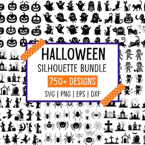 May include: A digital collection of black Halloween silhouettes featuring pumpkins, ghosts, cats, mummies, devils, spiders, and tombstones. A central white rectangular label with orange tape displays the text HALLOWEEN SILHOUETTE BUNDLE 750+ DESIGNS SVG | PNG | EPS | DXF.