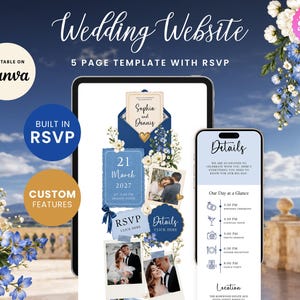 Cobalt Blue & Ivory Wedding Website with RSVP Function: Editable Canva Template (Digital Download)