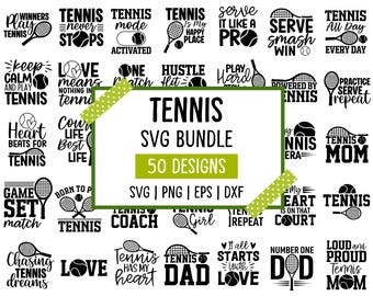 May include: A digital collection of 50 black and white tennis-themed graphic designs featuring various typography and illustrations of tennis rackets and balls. The central white rectangular label displays the text TENNIS SVG BUNDLE 50 DESIGNS.
