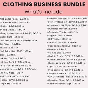 Puede incluir: Gr&aacute;fico rosa y blanco con el texto "CLOTHING BUSINESS BUNDLE" y una lista de elementos incluidos, como formularios de pedido, etiquetas y letreros. Las medidas est&aacute;n en pulgadas.